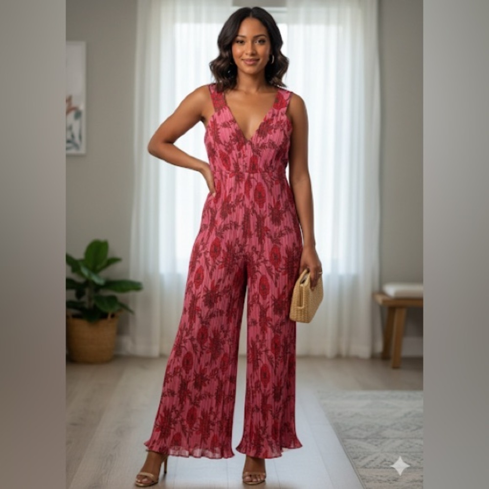 Beyond Words Pink and Red Floral Wide-Leg Pleated Jumpsuit Size Large